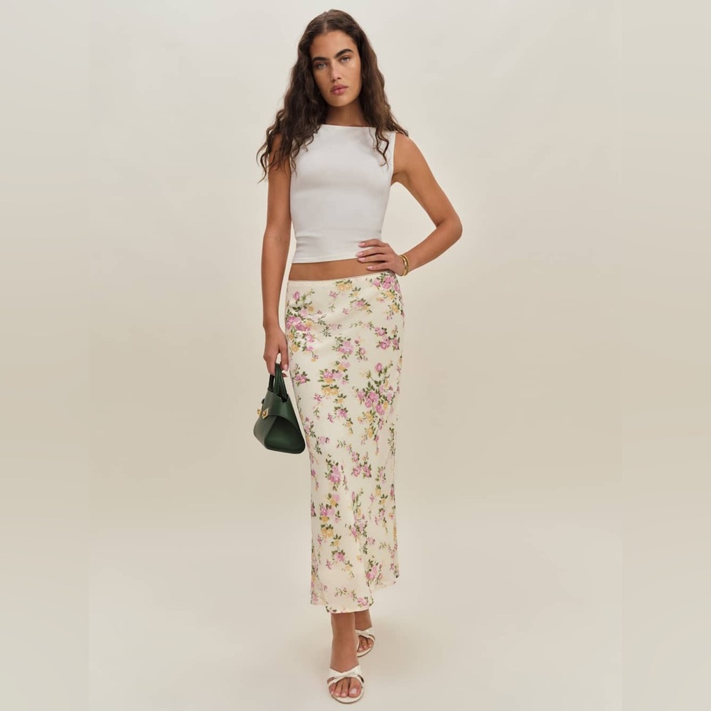 Reformation Cream Floral A-Line Maxi Skirt with Pink & Green Blooms